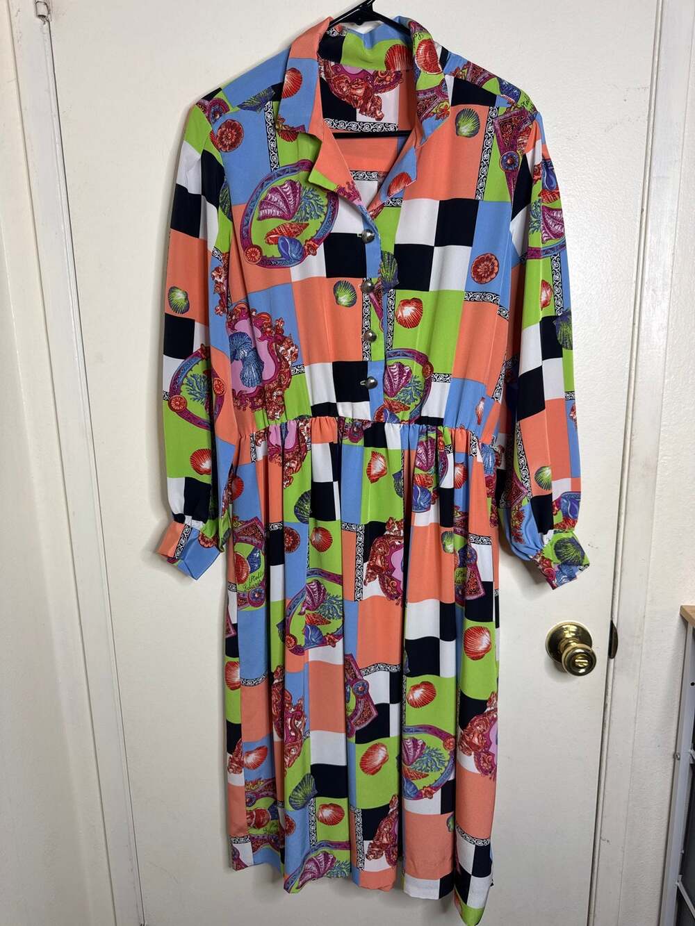 VTG 80s Patchwork Midi Dress Novelty Mardi Gras Baroque Seashell L/XL Handmade